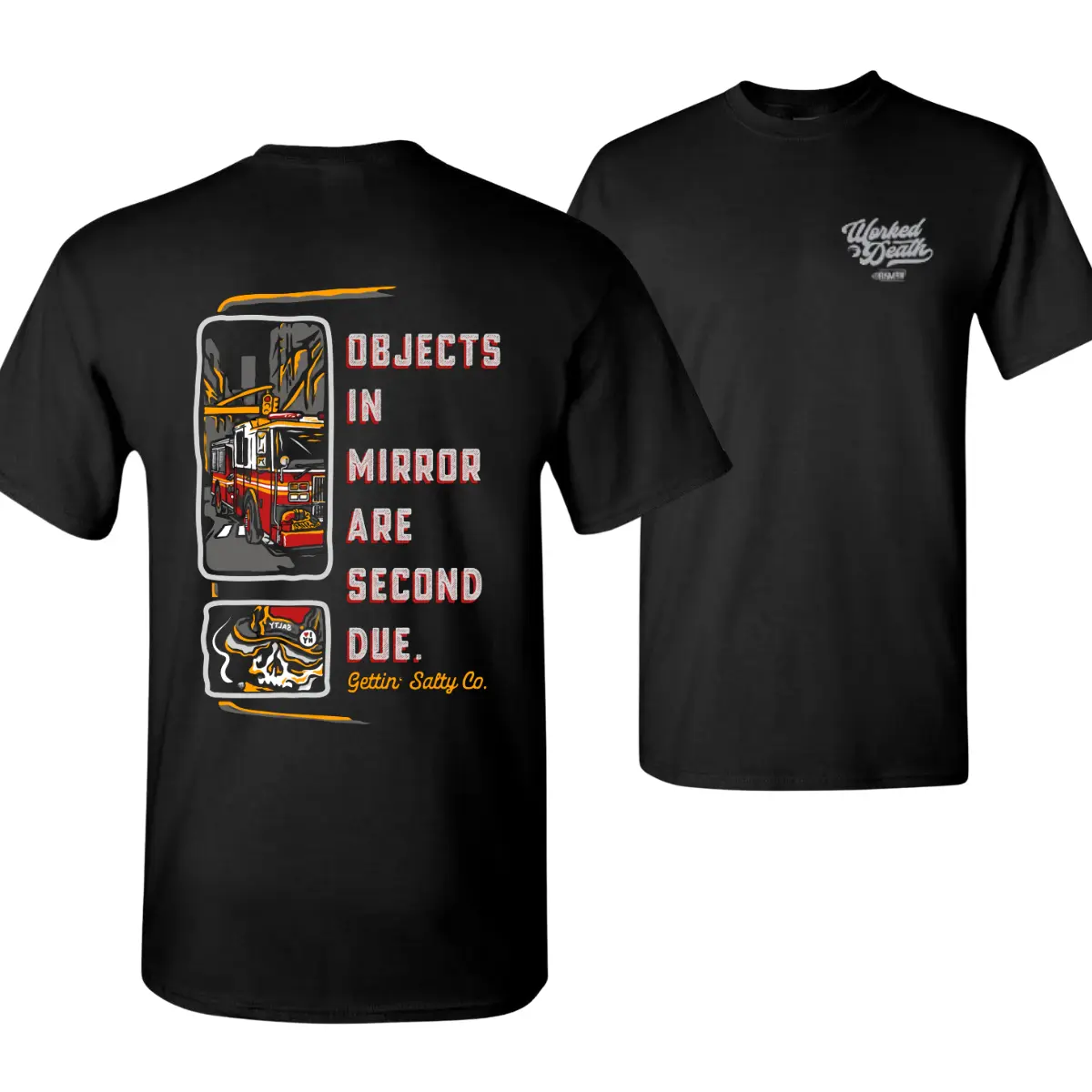 Objects In Mirror Are Second Due Firefighter Shirt, Red Truck Reflection Graphic, Bold Statement Back Print Tee for Fire Crews