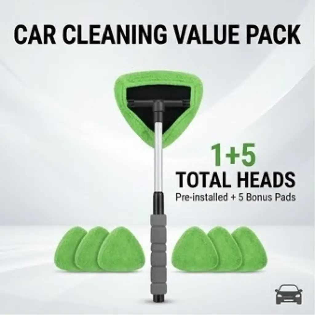 Car Window Cleaner Wand Kit - 1x Telescopic Window Cleaner Wand with 180° Pivoting Triangular Head, 6x Replaceable Microfiber Bonnets, Refillable Spray Bottle, AC Vent Crevice Brush for Streak-Free Glass Care, Glass Doors