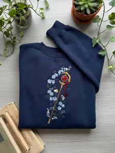 Embroidered Frieren Sweatshirt, Blue Flowers Embroidered Sweatshirt, Bookish Lovers Gift, Embroidered Anime Wand Crewneck, Sword Stick Shirt