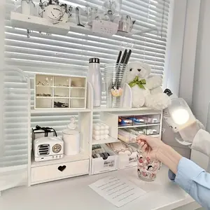 Multi-functional solid wooden desk storage rack, book storage, file storage, decoration storage, spacious raised shelf, increase desktop storage space, suitable for office supplies and cosmetics, stationery storage, Desktop Accessory