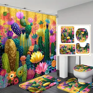 Floral Cactus Print Shower Curtain Set, Includes 12 Hooks, Non-Slip Bath Mat, U-Shaped Floor Mat, Toilet Seat Cover, Bathroom Accessories