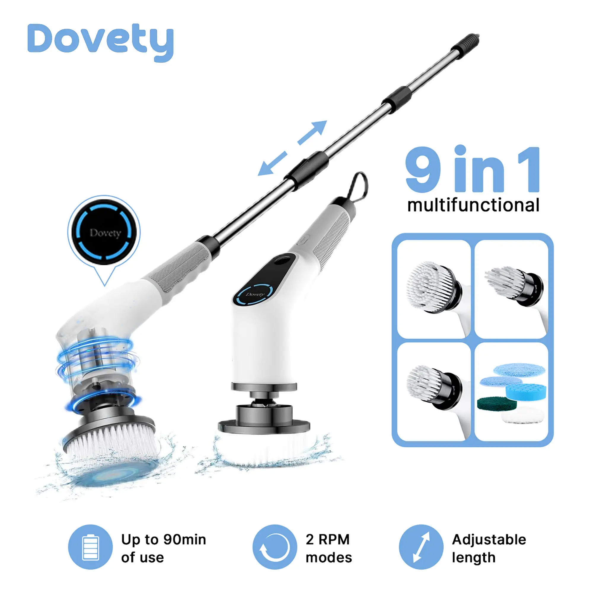 【FallFreshness】Dovety Electric Spin Scrubber, 8 Replacement Head, 2 Adjustable Speed, Multifunctional Cordless Cleaning Brush, Power Cleaning Brush wi