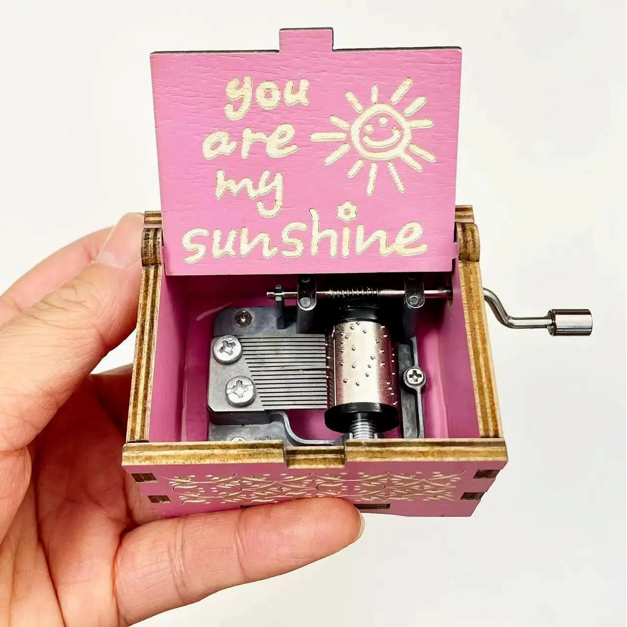 Wooden Vintage Hand Crank Music Box You Are My Sunshine Birthday Gift with Pink Lid Sunlight Design for Adults Kids Natural Rustic Look Hand-Cranked Melody