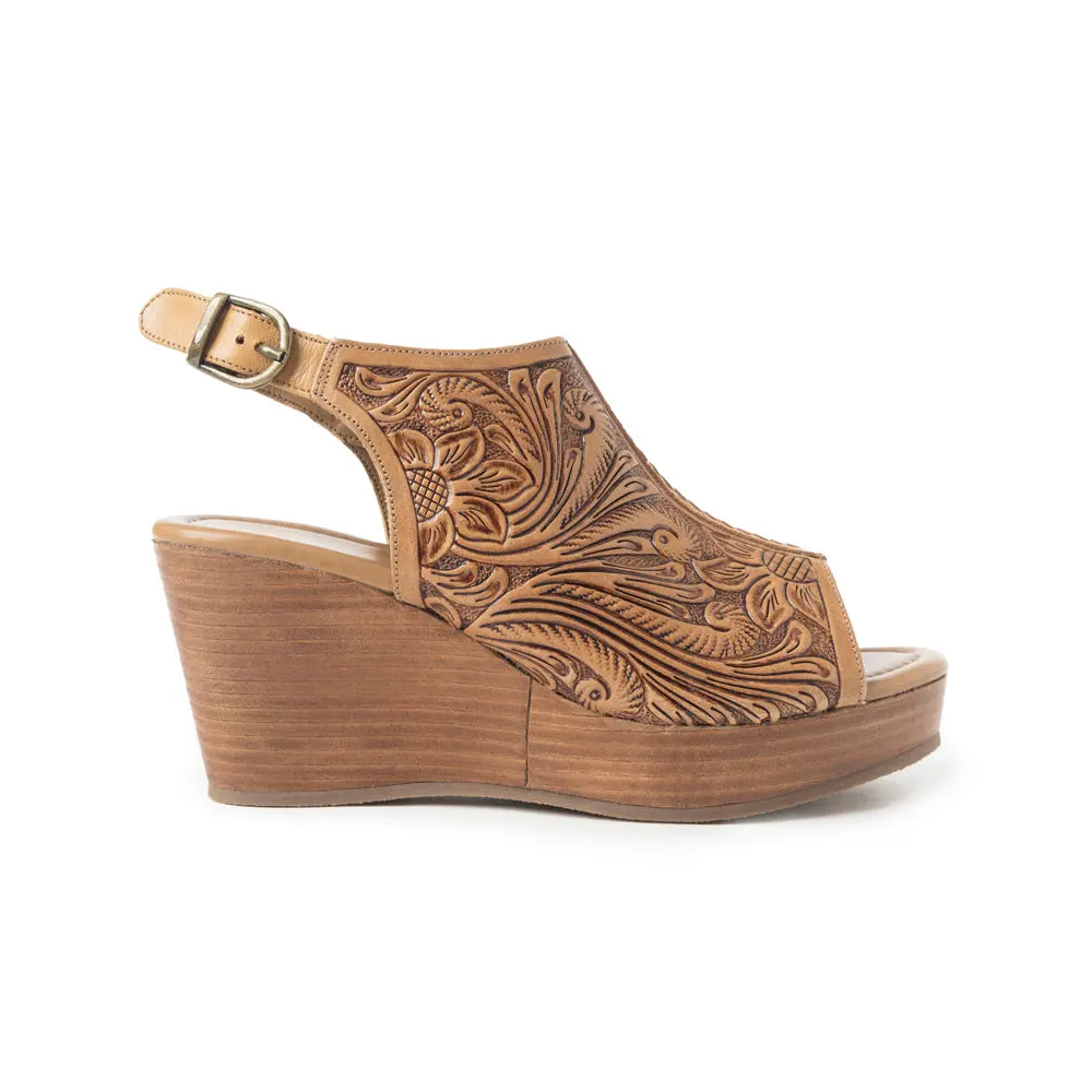 Elegant Heeled Wedges for Women, Stylish Hand-Tooled Tan Leather Western Footwear with 3.5-in Platform & Adjustable Slingback, Floral Design, Casual Wear, Adjustable Strap, Leather Rubber, Comfortable Platform, Closed Toe