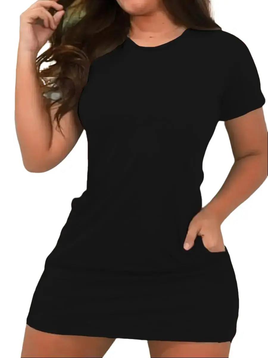 Women's Minimalist Solid Plain Polyester Knit Short-Sleeve Bodycon T-Shirt Dress - Sexy Basic, Soft Casual, Side Pockets, Sweet for Day Wear