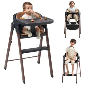 KUB High Chair for Babies and Toddlers Adjustable Foldable Convertible 5 Point Harness Easy Clean Wood-Printed Metal with Removable Tray Baby Highchair for Family (Black&Walnut Wood-Printed Metal)
