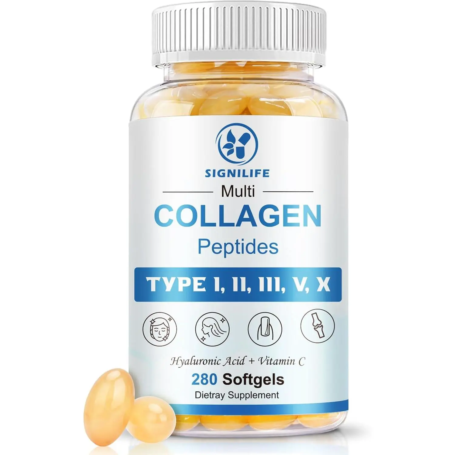 Multi Collagen Peptides Softgels for Women & Men - Hydrolyzed Type I,II,III,V,X with Hyaluronic Acid, Vitamin C, Biotin - Supports Skin, Hair, Nail Health, Non-GMO, 280 Count