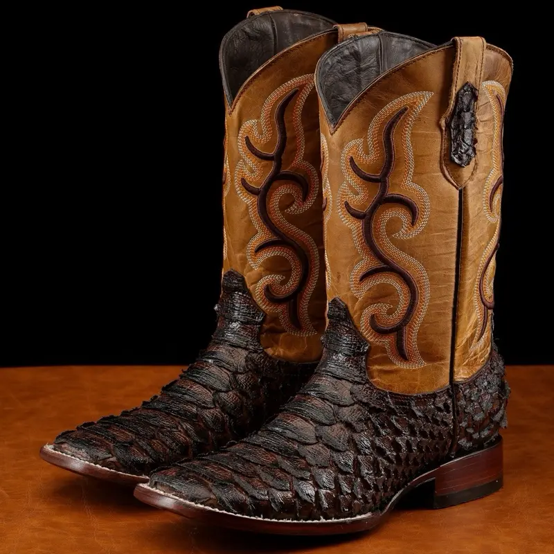 Brown Jumbo Python Print Leather Boots - Square Toe