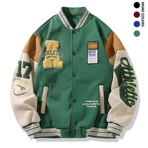 Men's Vintage College Style Baseball Jacket - & Color Block  Ribbed Cuffs, Machine Washable Patchwork Design for Autumn Winter Casual Outerwear, Sporty Varsity Coat, Raglan Sleeves, Durable Snap Buttons