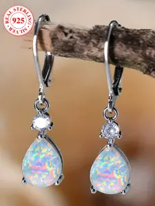 Elegant S925 Silver Water Drop Earrings, Teardrop Earrings, Imitation Opal Design, Women's Luxury Party Jewelry Gift Box Included