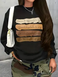 Women's Casual Colorblock Letter Print Pullover Sweater, Soft Long Sleeve Round Neck Sweatshirt, All-Season Wear