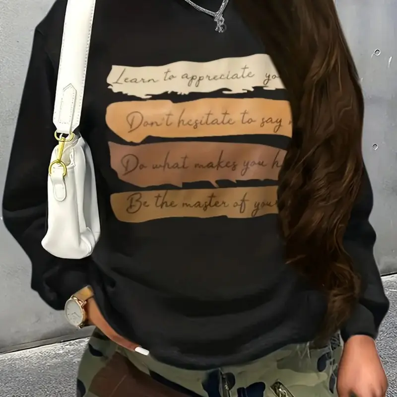 Women's Casual Colorblock Letter Print Pullover Sweater, Soft Long Sleeve Round Neck Sweatshirt, All-Season Wear