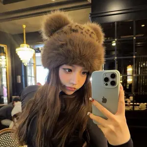 Vintage Leopard Print Bear Ear Plush Mongolian Hat For Kids & Women Autumn Winter Faux Fur Thickened Warm Ear Protection Windproof Cold Resistant Headwear