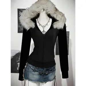 Women’s casual retro fitted hooded jacket with fur collar, regular fit, autumn