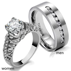 Ringcrown Couple Rings Matching Ring 1.5CT AAA CZ White Gold Plated Women Wedding Ring For Him And Her Ring Sets Men Titanium Steel Wedding Band