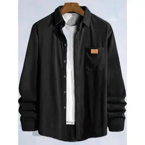 Men's Letter Patched Pocket Button Front Corduroy Shirt, Loose Casual Long Sleeve Collared Top for Fall & Winter, Men's Clothes for Daily Wear