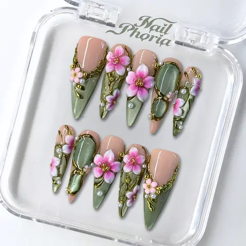 NailPhoria EMERALD MUSE -SUMMER Handmade Press-On Nails | Reusable, Salon-Quality, Long-Lasting, Glossy Design