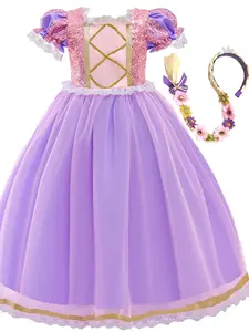 Toddler Girl's Glitter Sequin Tulle Dress with Frill Trim Bow and Headband, Elegant Fashion Casual Princess Dress for Party Show Wear, Kids Clothes for All Seasons