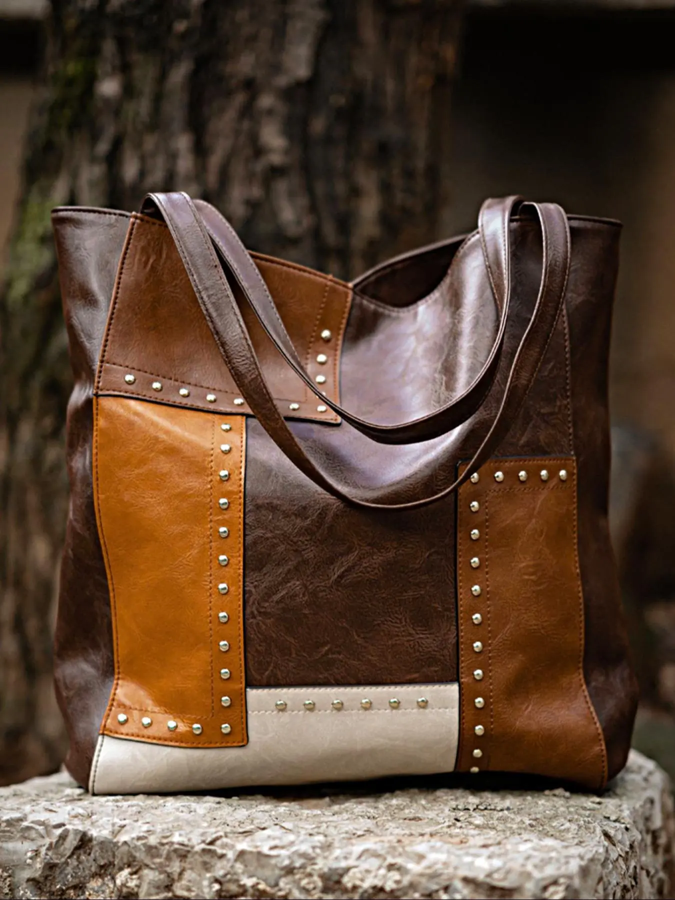 Women's Fashion Colorblock PU Leather Tote Bag, Casual Large Capacity Shoulder Bag For College Student, Rookies & White-collar Workers Perfect For Office, College, Work,Business, Commute