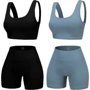 4 Piece Workout Sets for Women Seamless Ribbed High Waist Yoga shorts with Sports Bra Outfits