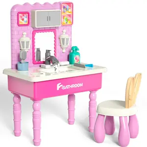 Pretend Play Toilet Table Toys, Bathroom Sink with Running Water Indoor Toy , Dressind Table with Mirror and Stool Birthday Christmas Toys Gifts