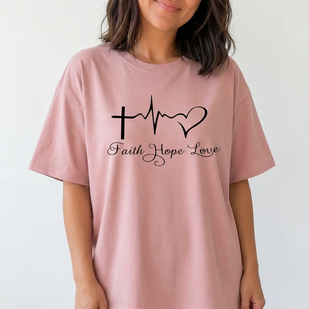 Christian Graphic Tee Women Faith Hope Love Shirt Cross Heartbeat Plus Size Top