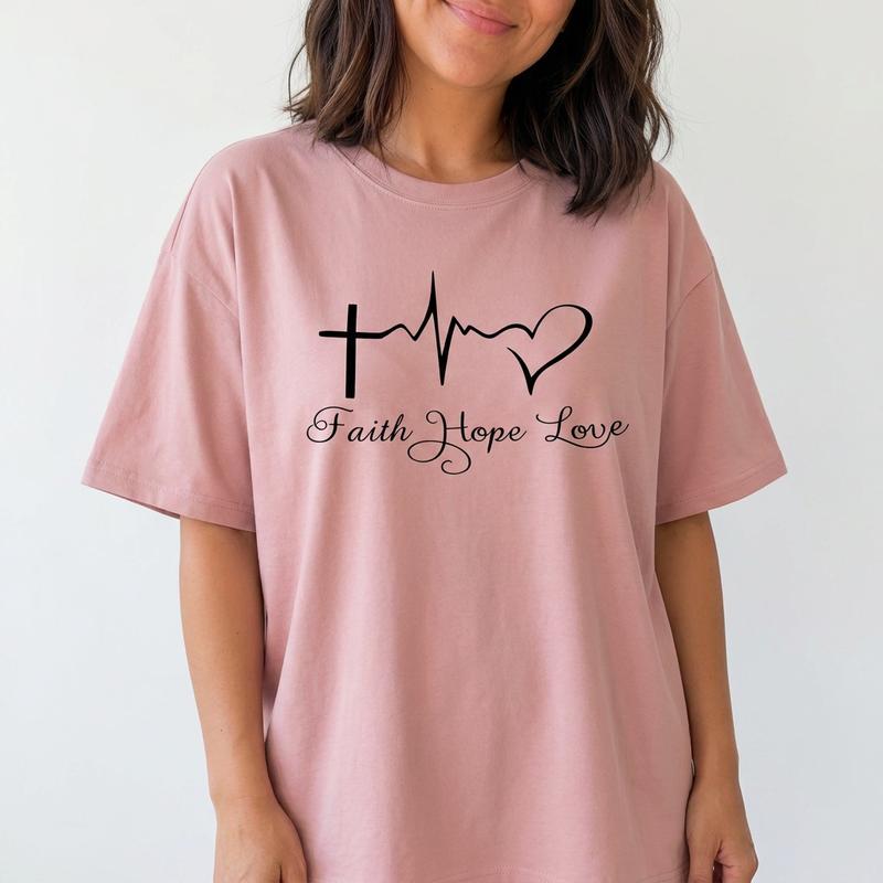 Christian Graphic Tee Women Faith Hope Love Shirt Cross Heartbeat Plus Size Top