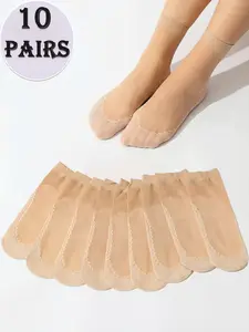 10 Pairs Light Nude Short Stockings, Elegant Style Thin Breathable Fabric, Delicate Lace Ideal for Daily Commute, Breathable Soft Socks