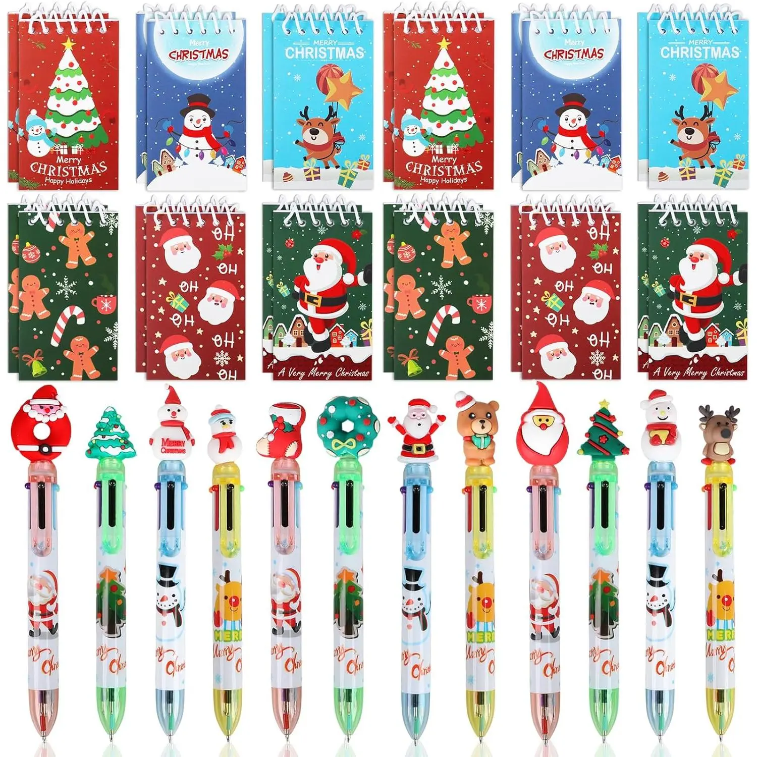 24 Set Christmas Mini Notepads Bulk with 6-in-1 Ballpoint Pen, Christmas Spiral Notebooks Retractable Pen Holiday Xmas Gifts for Classroom Students  School Stocking Stuffers Party Supplies