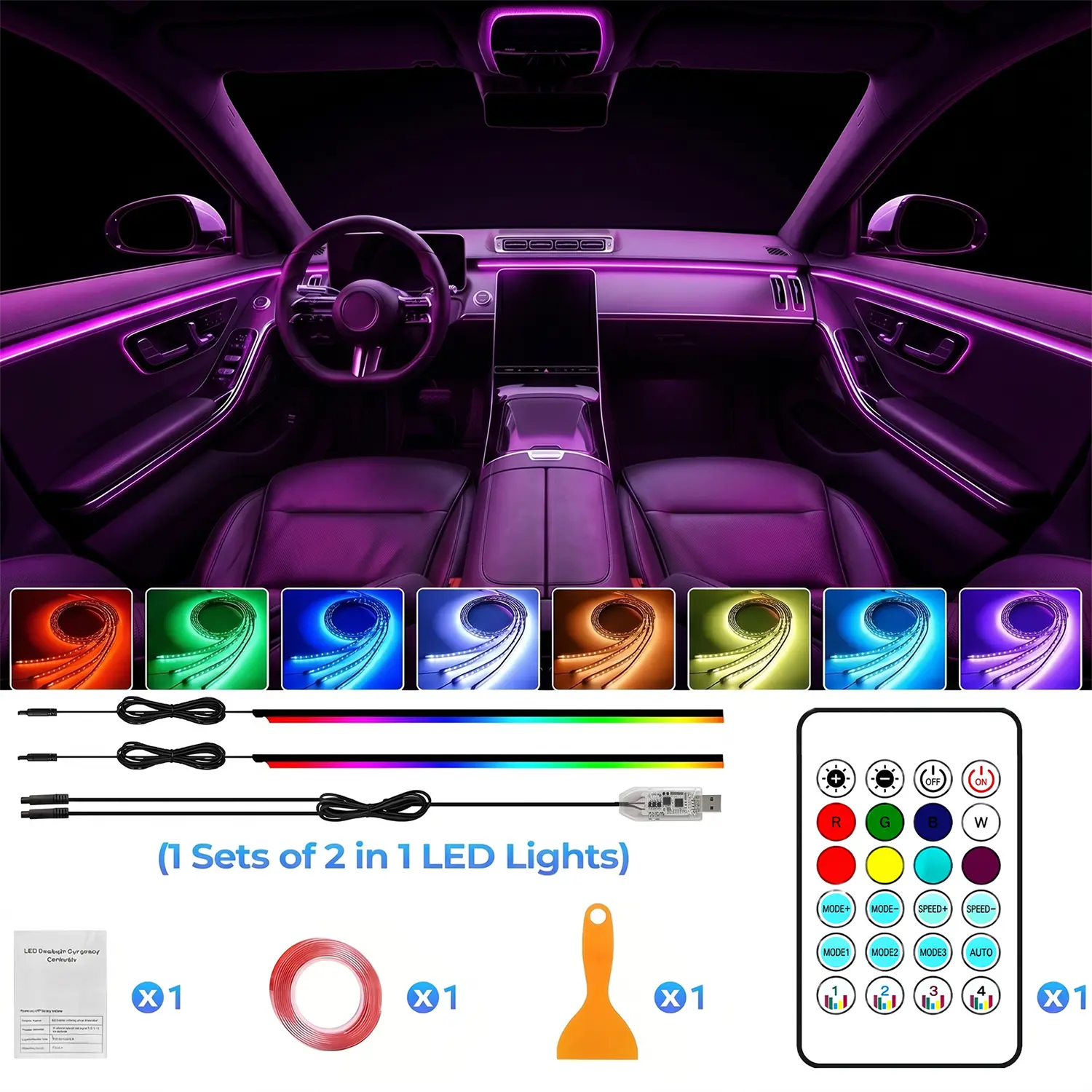 Smart LED Interior Car Lights, USB Powered RGB Car Ambient Lighting with App Control & Music Sync, DIY Mode 110cm+110cm 2-in-1 Design, Multi-Color Decor for Cars Trucks，Gift for Men & Women
