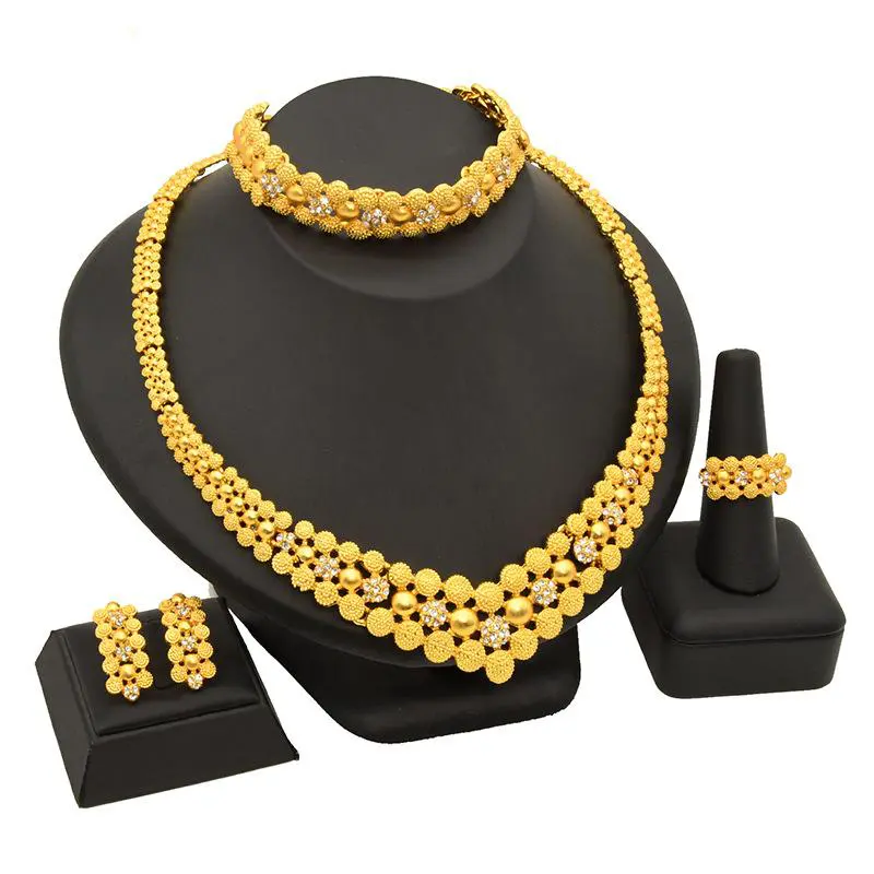 Women's 4-Piece Gold Rhinestone Bridal Jewelry Set - Elegant Matching Earrings Set with Drop Earrings, Necklace, Ring, Bracelet for African Brides, Anniversary Gifts, Elegant Jewelry Set