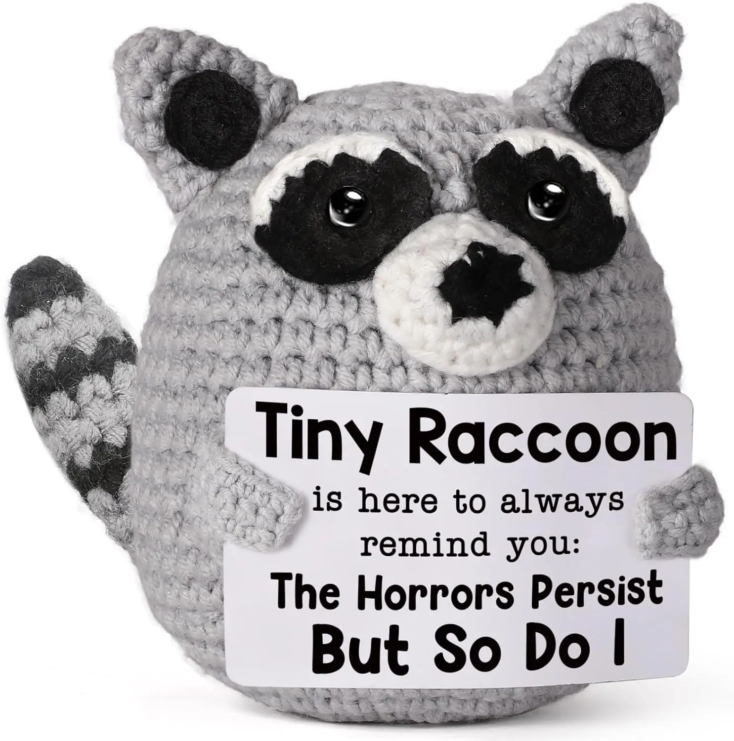 Emotional Support ,  Handmade Positive Crochet  Plush Trash Panda, Motivational  for Men, Women, Friend, Coworker, Bestie, Present for Birthday, Christmas, White Elephant
