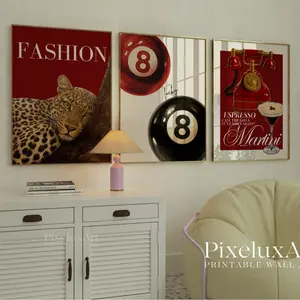 Set of 3 Poster Retro Red Gallery Leopard Wall Art Trendy Posters, Y2K Fashion, Trendy Leopard Print, Aesthetic Apartment Leopard Wall Art Print, Funky Y2k Modern Bedroom Décor