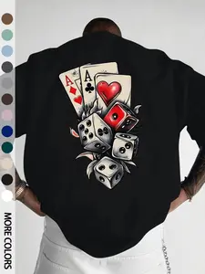 Men's Casual Sports Short Sleeve Top, Poker a & Dice Print, Comfortable Round Neck Tee for Outdoor Gym Shopping, Trendy Loose Fit Men's Shirt