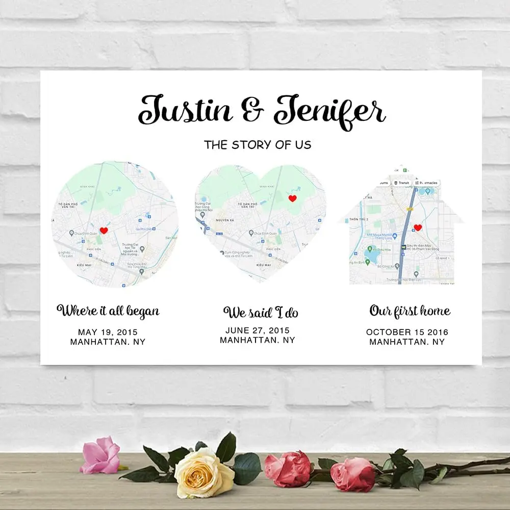 Personalized Couple Map Poster Canvas, Customized Couple Map, Hello, Will You, I Do Map, Where It All Began Map, Wedding Anniversary Engagement Valentines Day Gifts, Gift for Her, Gift for Him, Christmas Gift