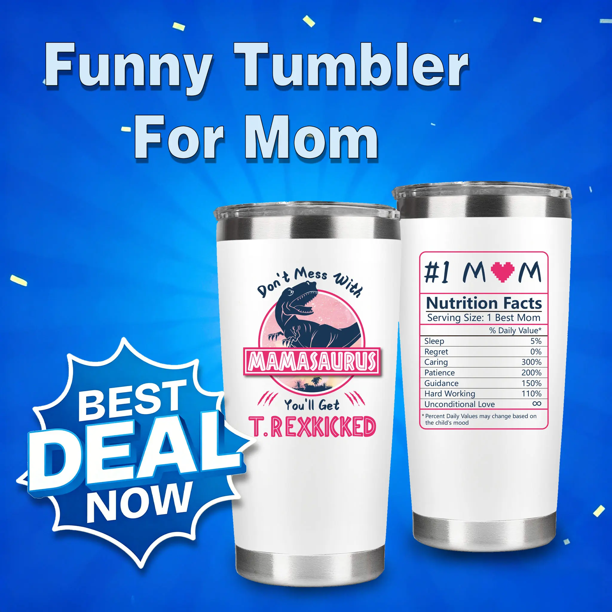 20oz Stainless Steel Mamasaurus Vacuum Flask Tumbler - Playful “Facts” Label, Bold Dino Message, Playful Daily Nutrition Values - Laugh-Out Loud Gift for Moms from Kids/Husband for Birthday