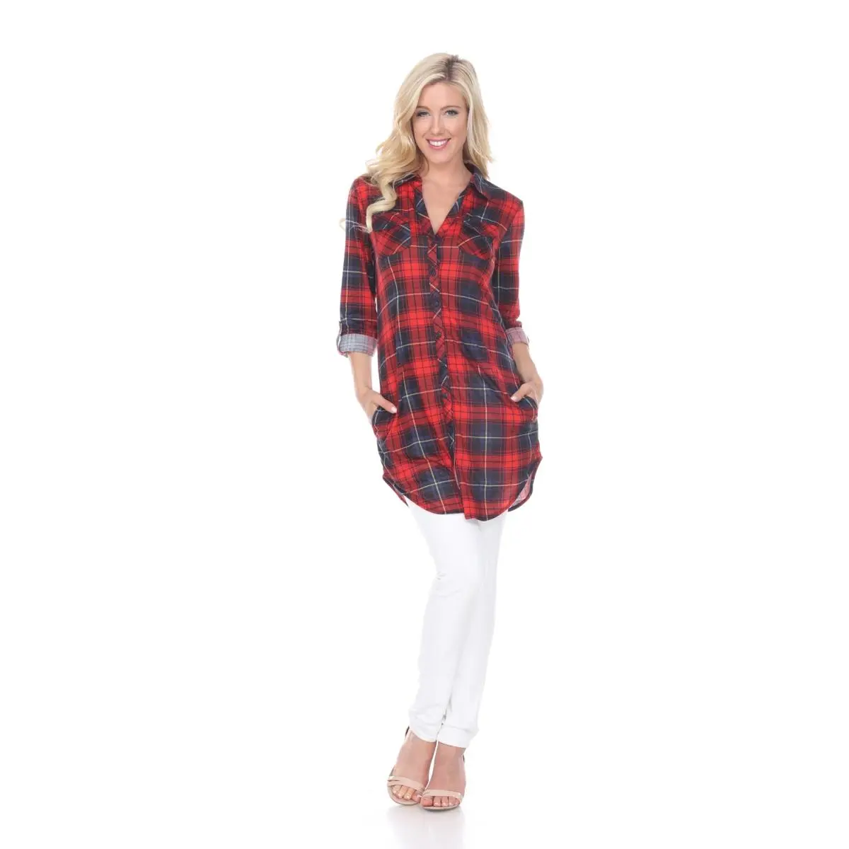 212 MAIN Women's Casual Long-Sleeve Woven Plaid Tunic Blouse - Light Soft Yarn, Button-Front, Stretchy, Women's Clothes, Tops, 01-Red & Black-Small