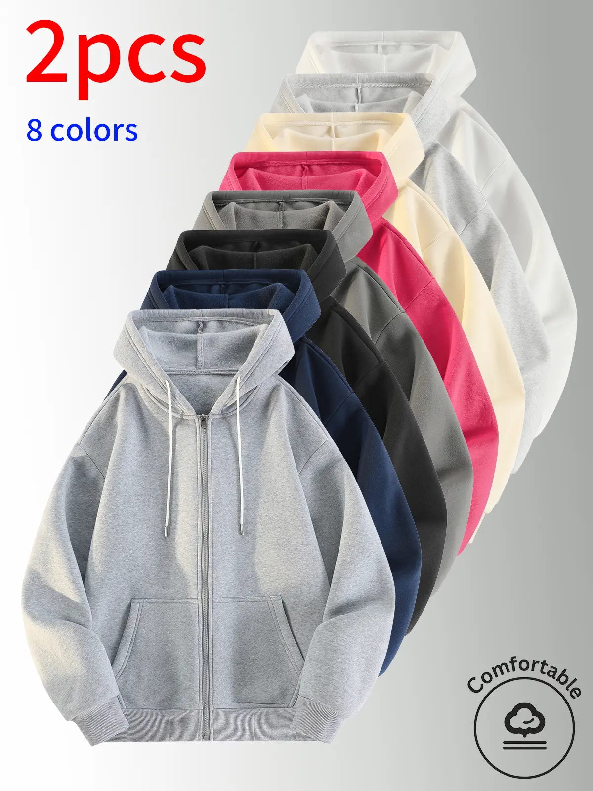 2-Pack Men's Zip Up Fleece Hoodie, Basic Baggy Streetwear shirt, Fall Winter Trendy Casual Male Outfit, Good Quality Daily Wardrobe Essential Clothes,basic hoodie,fall fleece sweatshirt,trendy sweatshirts