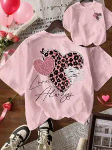 Women's Light Leopard Heart Graphic Loose Fit Round Neck T-Shirt, Casual Summer Fashion Top, Daily Wear Versatile Tee