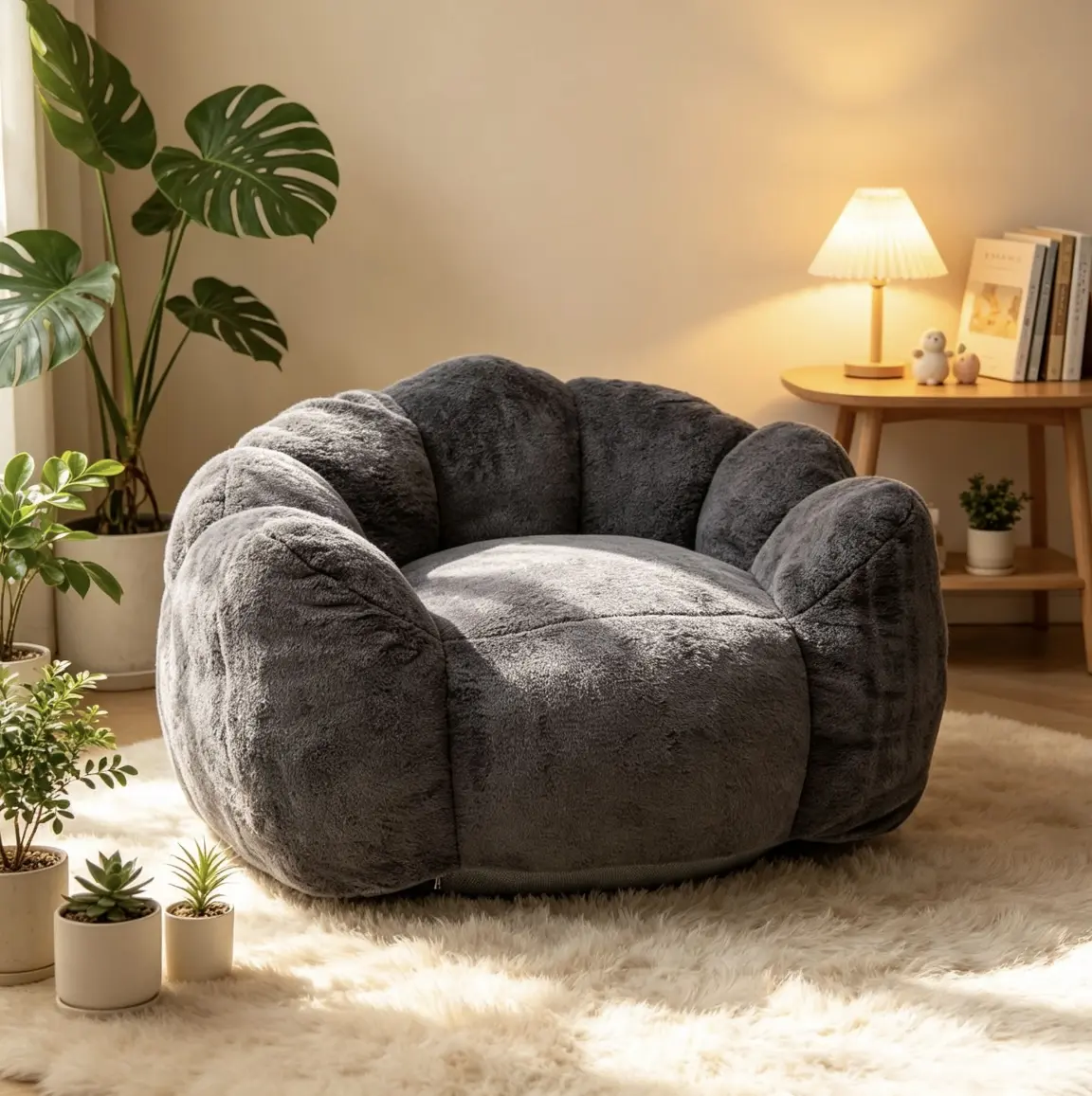 Petal-Shaped Artificial Rabbit Velvet Lazy Sofa Chair - Single Adult Lounge Chair, Ideal for Bedroom, Living Room, Baby Pink, White Oak, Antique Grey