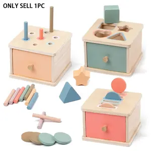 1 Set Montessori Sorting Box – Peg/Shape/Coin Box Building Block Game. Wooden Object Permanence Box with Drawer, Sensory Shape Sorter, Color Classification Educational Toy for Toddler Boys and Girls.