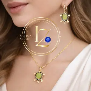 Green Turtles Earrings and Pendant Set with Figaro Chain - Gold Tone Fashion Jewelry for Women