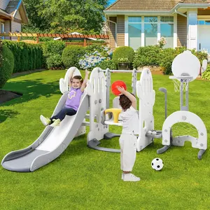 7 in 1 Toddler Slide and Swing Set, 76.4 in Extra Long Kids Slide Climber for Toddlers Age 1-3, Indoor Outdoor Playset with Adjustable Swing and Basketball Hoop, Soccer Golf & Ring Toss Game, Grey Playground Set Durable