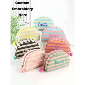Custom Embroidered Striped Canvas Makeup Bag Personalized Name Cosmetic Pouch Zipper Pom-Pom Multi-Functional Stylish Modern Unique For Girls Bridesmaids Son Daughter Birthday Christmas Holiday Travel Daily Gift