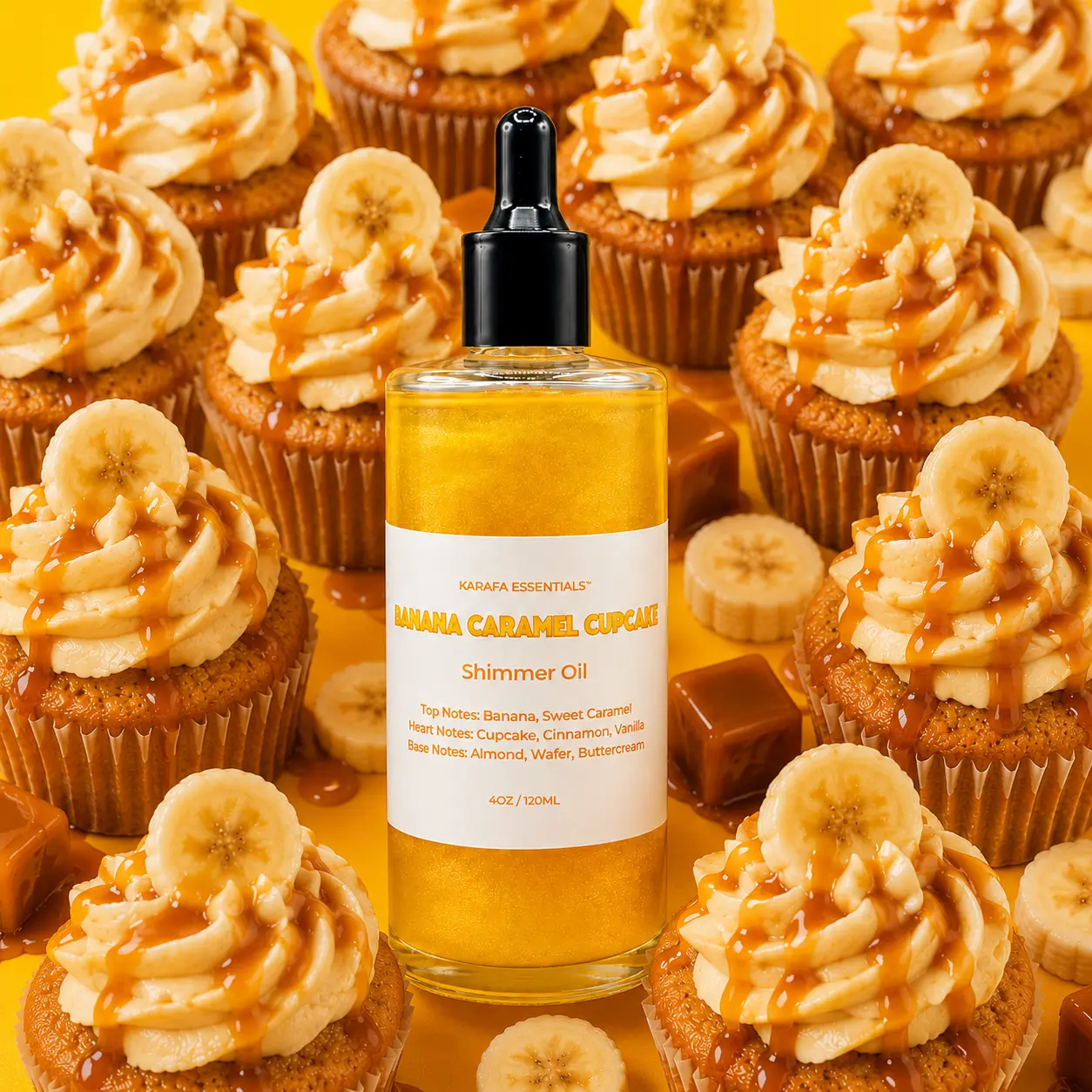 Banana Caramel Cupcake Moisturizing Body Oil Banana, Sweet Caramel, Cupcake, Cinnamon, Vanilla, Almond, Wafer, Buttercream by Karafa Essentials