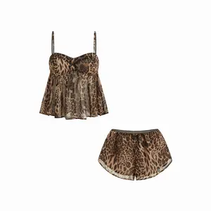 Cider Women’s Chiffon Sweetheart Neckline Leopard Bowknot Cami Top & Low Rise Shorts Loungewear Set, Casual Comfy Sleepwear for Summertime, Women's Cute & Sexy Pyjama 2 Piece Sets for Daily Summer Wear #dealsforyoudays