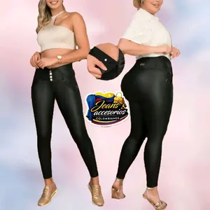 Colombian High Waist Push Up Leather Effect 4-Button Jeans with 360 Abdomen Control Belt for Women - Womenswear, Bottom Casual Skinny Fabric Elegant Style Suit Tube Fit