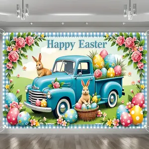 Kawaii Happy Easter Backdrop Banner, Vintage Blue Truck Bunny Eggs Floral Decorations, Durable Polyester Fabric Photo Booth Prop, Reusable Easy to Clean, Perfect for Easter Party, Spring Decor, Kids Birthday, Home Wall Art, Gift for Family