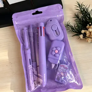 Pastel Kawaii Flower Stationery Set of 7, Multi-Functional Cute Writing Kit with Colored Pens, Correction Tape, Eraser & Cloud Cutter, Trendy Aesthetic School Supplies for Student Daily Use & Back to School Presents