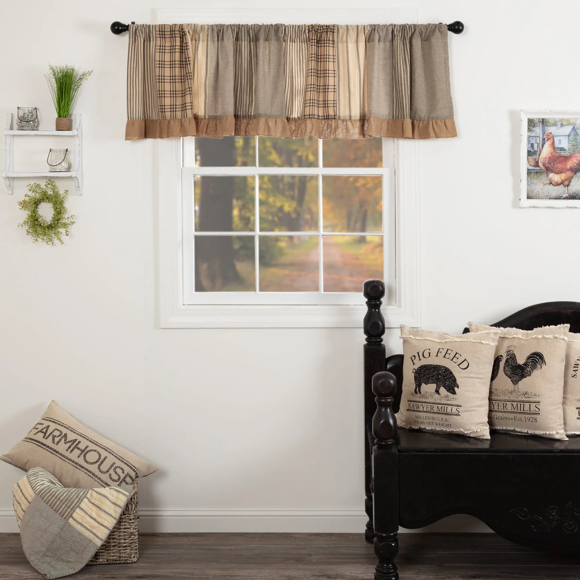 Farmstead Charcoal Patchwork Rod Pocket Curtain Valance, Farmhouse Valances for Windows